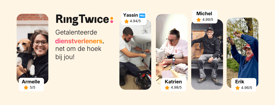 Ring Twice dienstverleners uit verschillende categorieën (klussen, poetsen, tuinieren) aan het werk, om je maandeinde rond te krijgen dankzij de deeleconomie in België